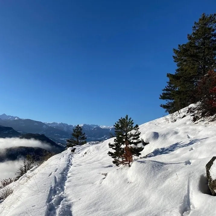 Un sentier enneigé surplombant la vallée, avec les sommets à l'horizon
